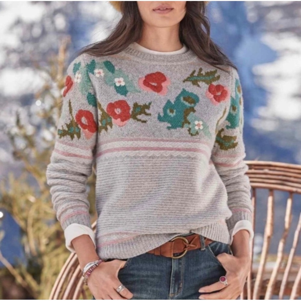 Sundance Women Gray Floral Embroidered Fair Isle Crew Neck Sweater Size S NWT